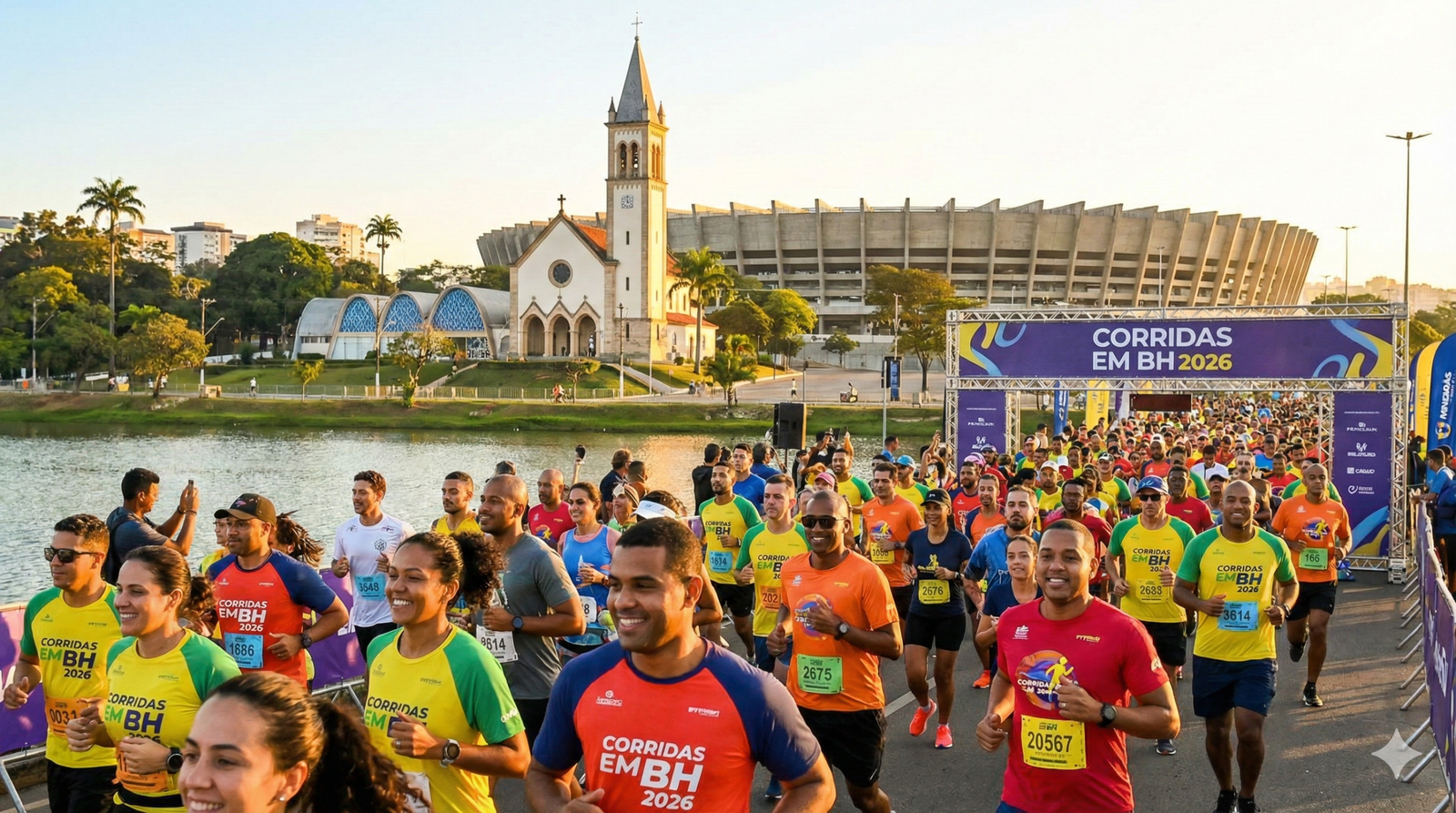 Multidão participando das Corridas em BH 2026 na orla da Lagoa da Pampulha com Mineirão ao fundo