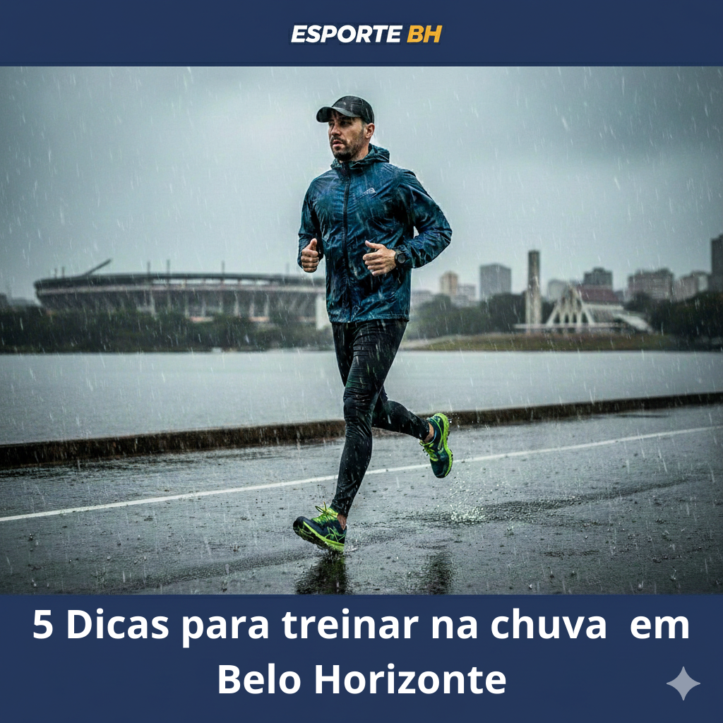 Atleta correndo na Orla da Pampulha para treinar na chuva em Belo Horizonte.
