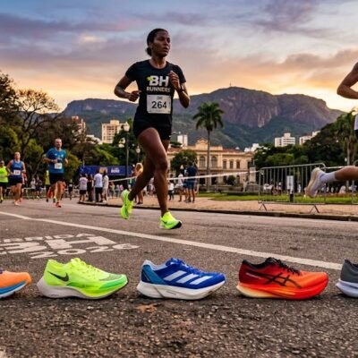 Cinco modelos diferentes e coloridos de tênis de corrida enfileirados no asfalto, onde está escrito Corrida BH 2026. Ao fundo, um grupo de pessoas correndo na rua, com árvores e montanhas no horizonte