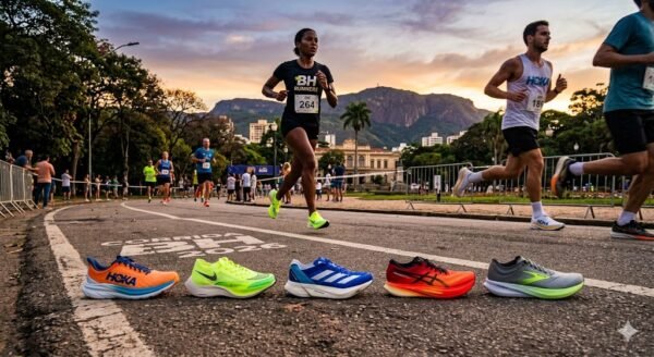 Cinco modelos diferentes e coloridos de tênis de corrida enfileirados no asfalto, onde está escrito Corrida BH 2026. Ao fundo, um grupo de pessoas correndo na rua, com árvores e montanhas no horizonte