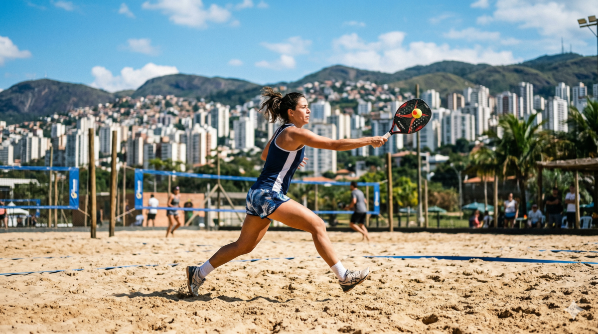 Jogador de Beach Tennis fazendo um movimento de ataque em uma arena de areia na Pampulha, Belo Horizonte.