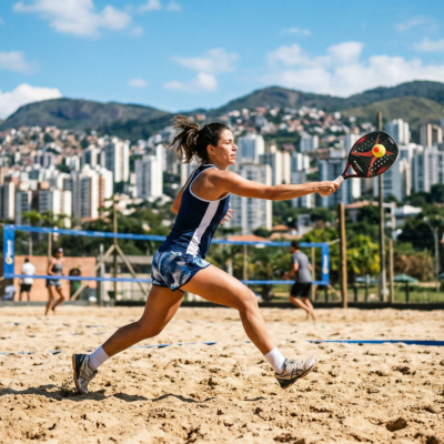 Jogador de Beach Tennis fazendo um movimento de ataque em uma arena de areia na Pampulha, Belo Horizonte.